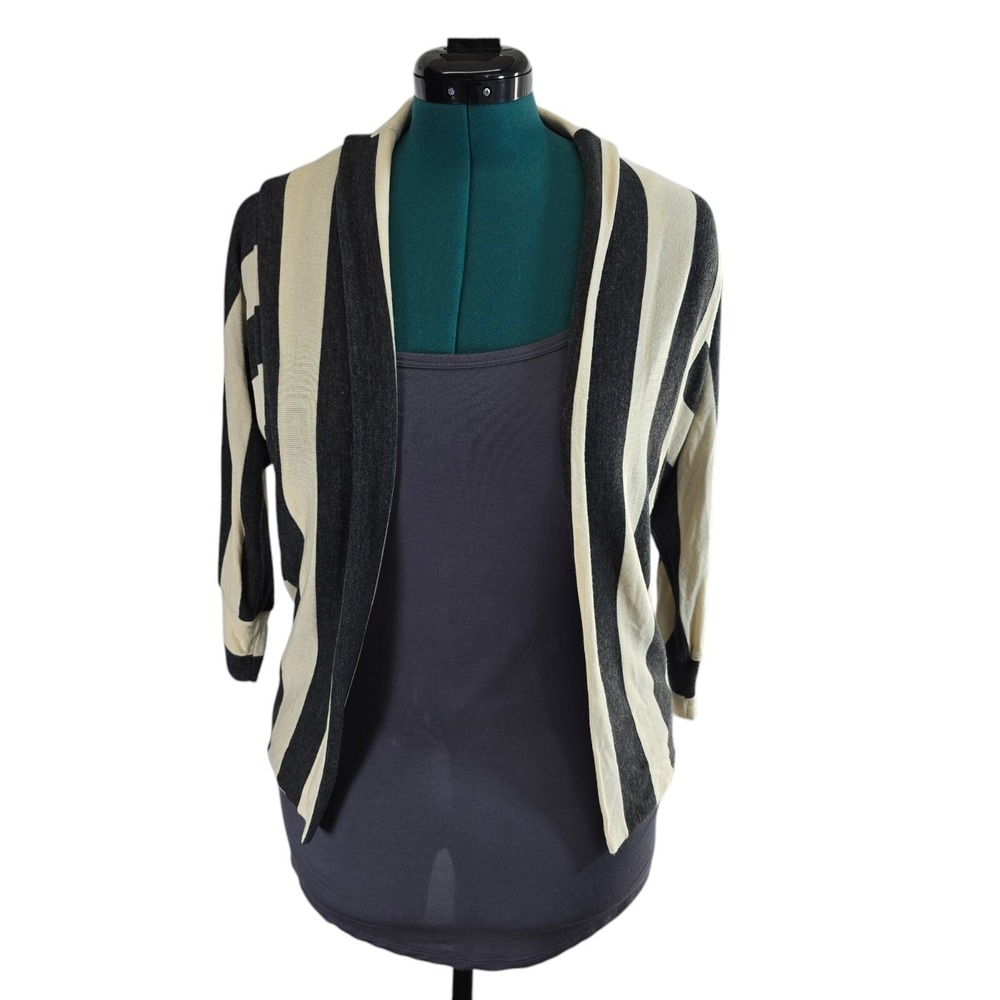 Tea n Rose Cardigan Women Small Gray Cream Striped Open Front 3/4 Sleeve Classic